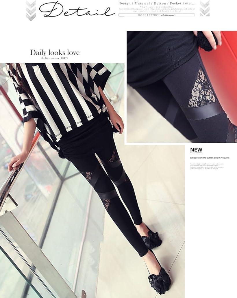 ロージーROSY フェイクレザー レース ストレッチ レギンス パンツ スパッツ タイツ レディース 異素材 ゴシック 3 ライン (レース3, Free Size)