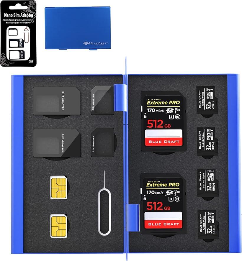 BLUECRAFT SIM・SDカード収納 アルミ両面タイプ 最大12枚収納 SIM2枚 microSIM2枚 nanoSIM2枚 SD2枚 + microSD4枚 SIM変換アダプタ・取出ピン付属( ブルー)