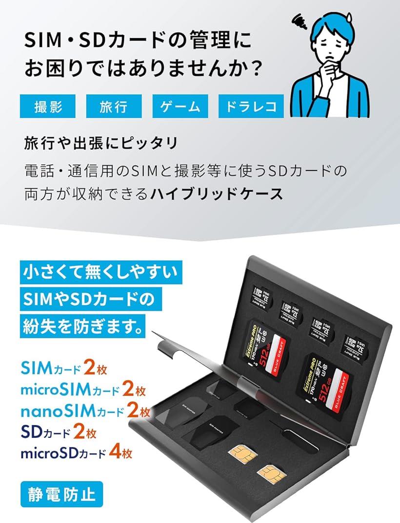 BLUECRAFT SIM・SDカード収納 アルミ両面タイプ 最大12枚収納 SIM2枚 microSIM2枚 nanoSIM2枚 SD2枚 + microSD4枚 SIM変換アダプタ・取出ピン付属(ブラック)