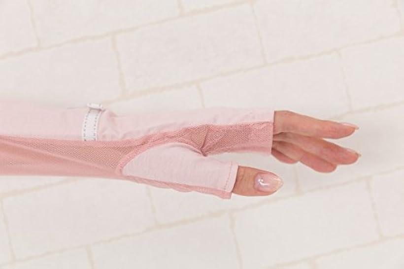 エル ELLE 接触冷感 スマホ対応 指なし ロング タイプ UV 手袋 メッシュ リボン 滑り止め ケース付(ピンク)