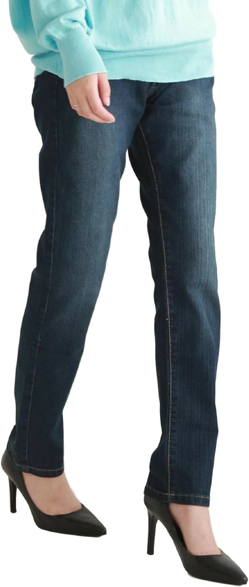 レディース ストレッチ ストレート デニム パンツ フロントジッパー レギュラー ネイビー M (ネイビー, M)