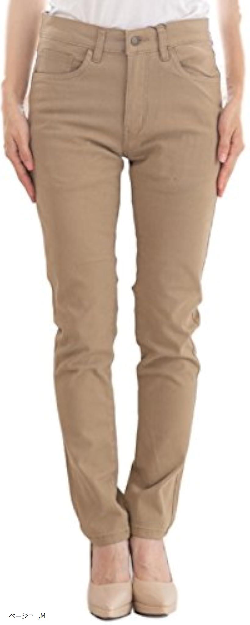 レディースチノ ロングパンツ ストレートパンツ オフィスパンツ チノパン 綿パンツ クロップド コットンパンツ アンクル イージー インナー ウエスト (ベージュ, M)