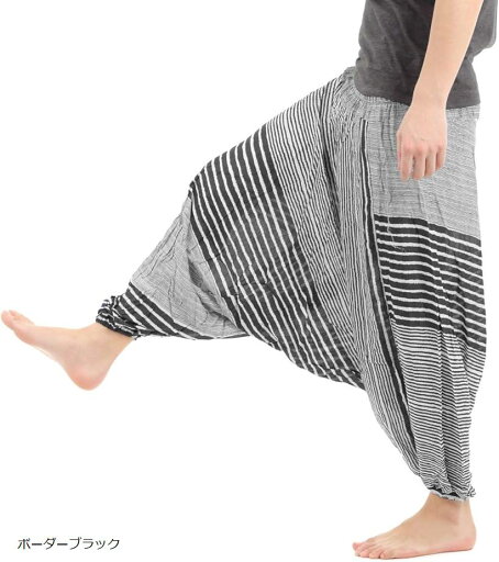 OKI オキ レーヨン サルエルパンツ アラジンパンツ タイパンツ メンズ レディース 2way 総柄 オールインワン(ボーダーブラック, Free Size) OKI オキ レーヨン サルエルパンツ アラジンパンツ タイパンツ メンズ レディース 2way 総柄 オールインワン(ボーダーブラック, Free Size)