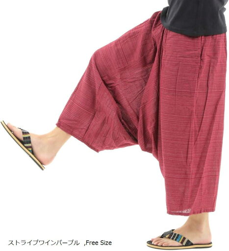 OKI オキ ガウチョパンツ 袴パンツ ワイドパンツ メンズ エスニック サルエルパンツ スカンツ タイパンツ(ストライプワインパープル, Free Size)