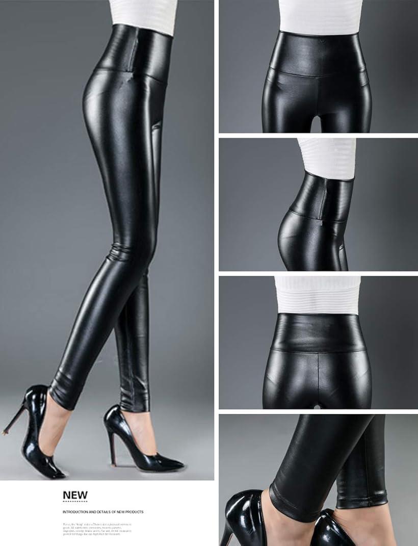 LEL1 おしゃれ PU レザー ロングパンツ レギンス レディース ハイウエスト 美脚 ブラック S (ブラック ( サイズ : S ), S)