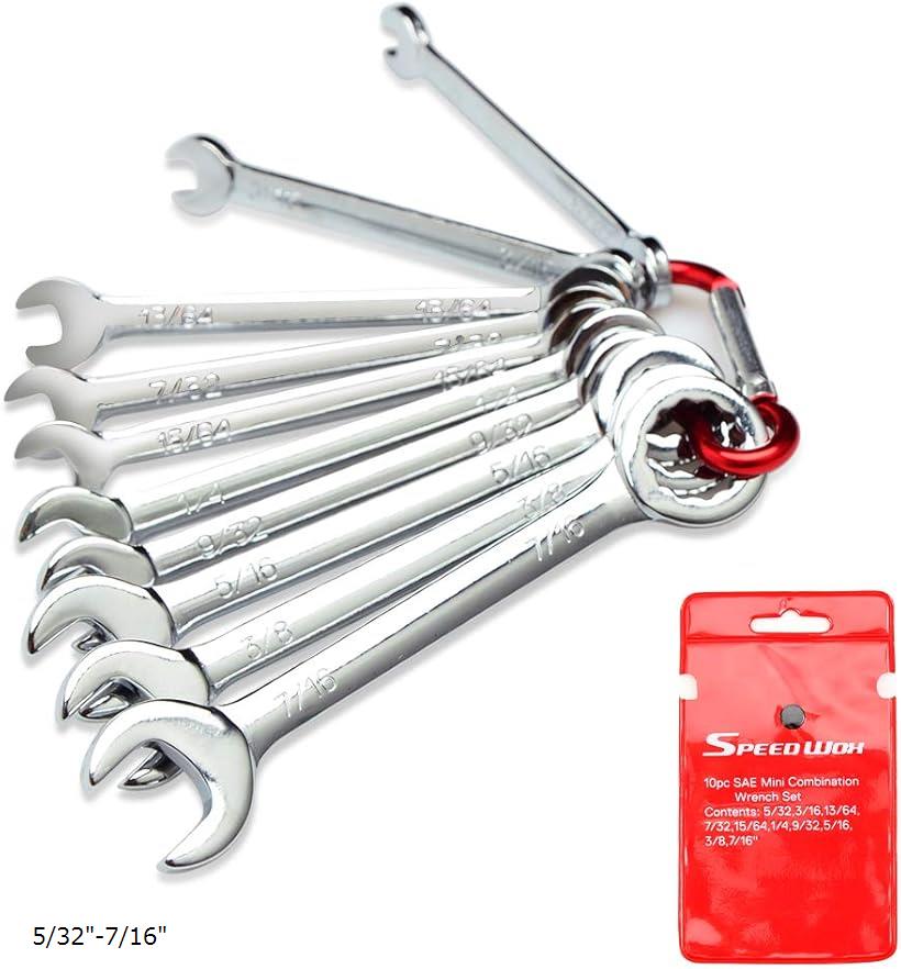 ミニスパナセット 10本組 5/32-7/16 薄型 ショートタイプ 片目片口スパナ コンビレンチ インチ規格 コンビネーション レンチセット 鏡面仕上げ ビニール袋入 小さなネジ 締め付け 緩め 車(シルバー, 5/32-7/16)
