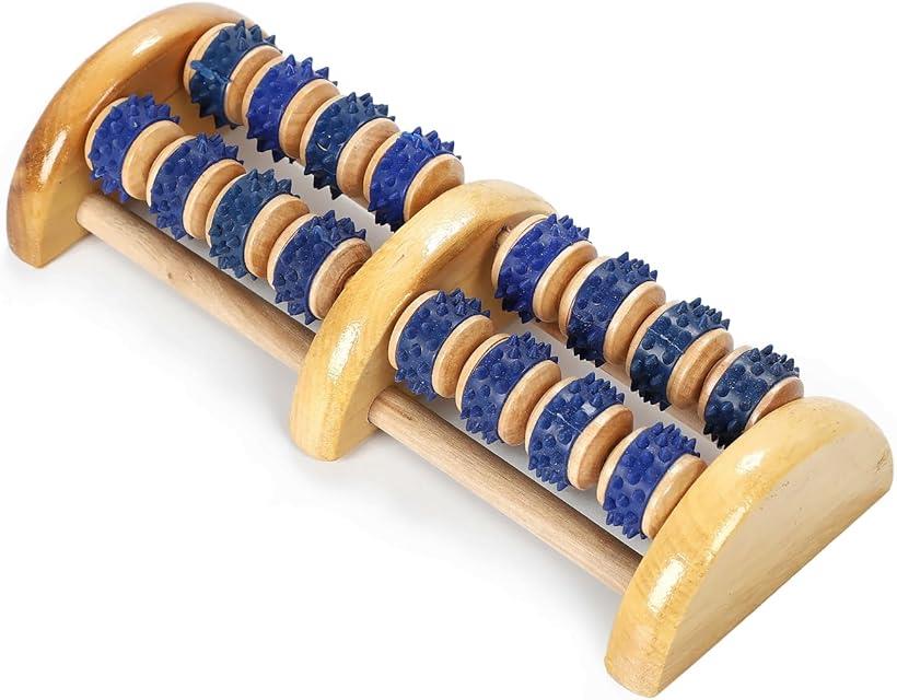 足ツボ 足裏 刺激 イボイボ ゴム ローラー 2連 天然木 トゲトゲ 突起 (ナチュラル)