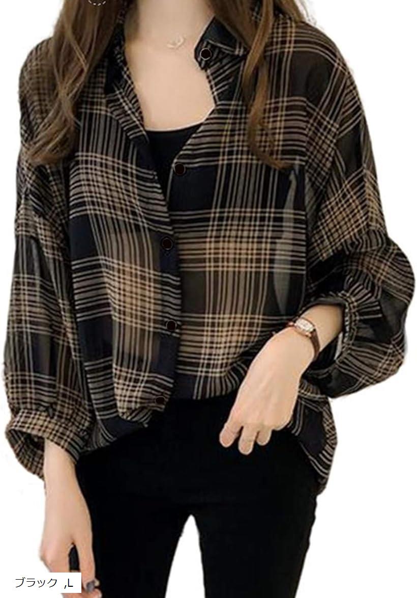 トーアソーア チェック シャツ レディース トップス 長袖 前開き シフォン とろみ ブラウス 黒 L (黒, L)