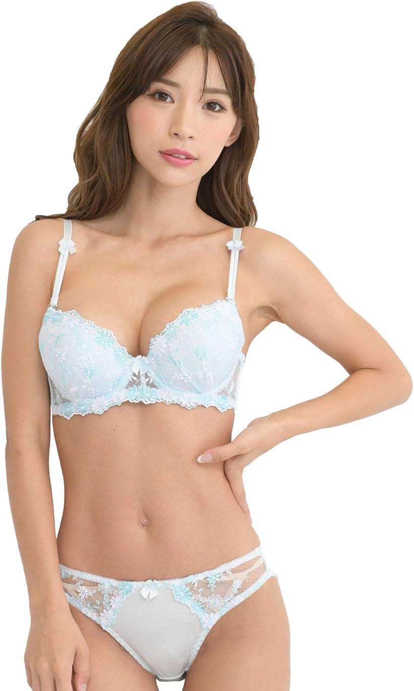 レディース ブラ ブラジャー ショーツ 下着 上 セット 女性 カップ 取り外し (ブルー, C70)