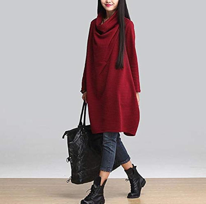 ドレープ aライン チュニックワンピ ワッフル カットソー レディース ワンピース 長袖 赤色(レッド, 04.2XL)