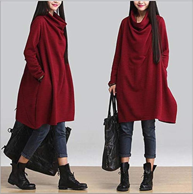 ドレープ aライン チュニックワンピ ワッフル カットソー レディース ワンピース 長袖 赤色(レッド, 04.2XL)