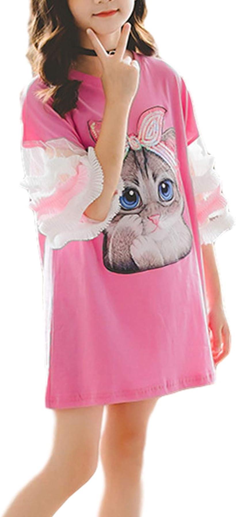 フリフラ 110cm 桃 キッズ ワンピース フリル袖 ネコ柄 ロゴプリント付き デニム 女の子 ドレス( ピンク, 110)