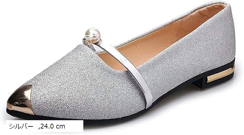 パンプス バレエ シューズ レディース ぺたんこ ヒールなし (シルバー, 24.0 cm)