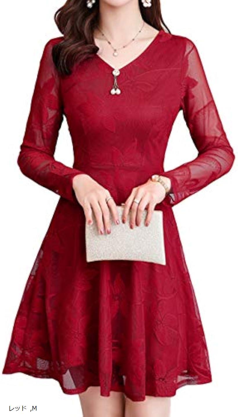 セレクト 長袖 パーティー ドレス ワンピース vネック シースルー 花柄 ミニ 膝上 レディース(02_レッド, M)