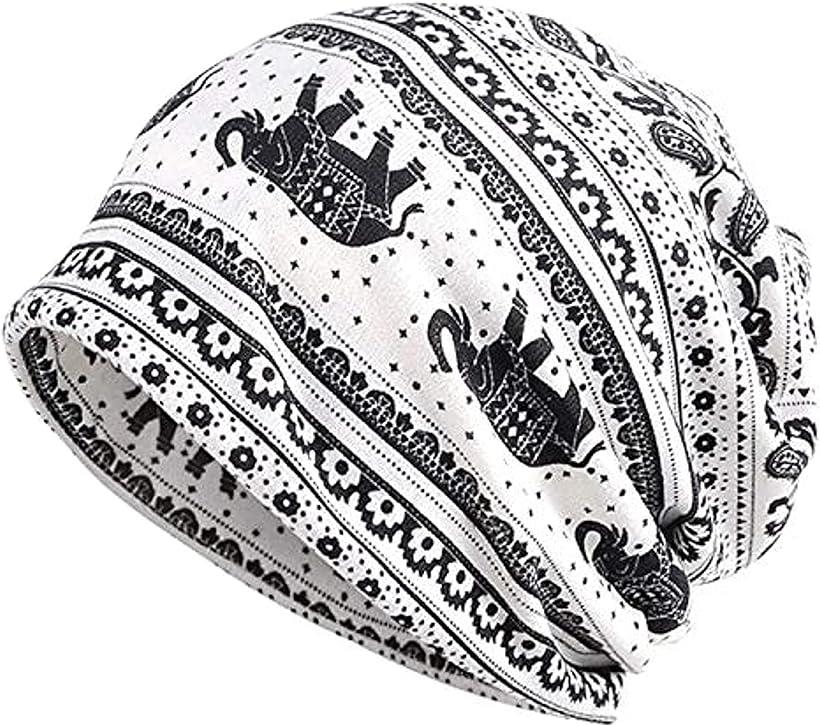 帽子 メンズ レディース ニット帽 薄手 オールシーズン トライバル柄(白)