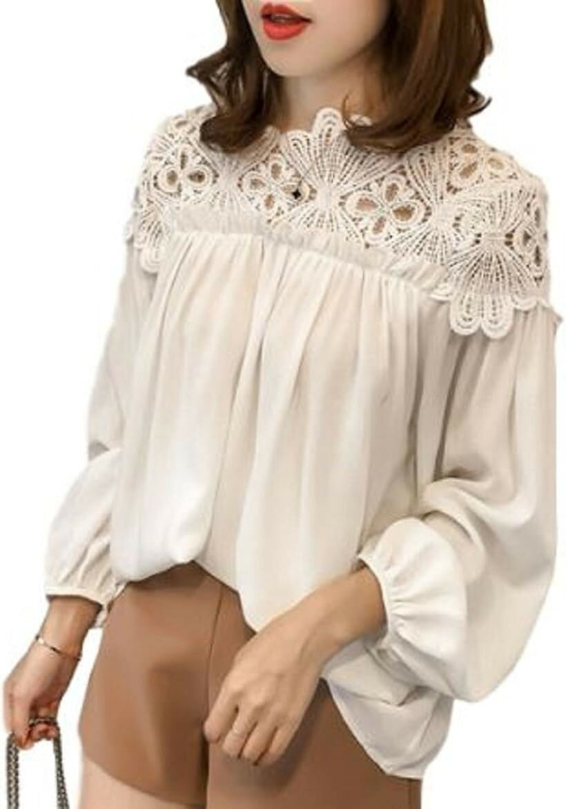 Long-Sleeved - ニブンノイチスタイル 長袖 白 黒 セクシー レース チュニック ブラウス トップス レディース M (白, M)