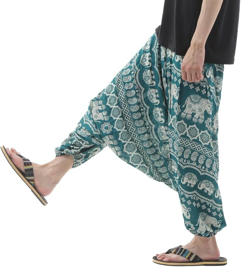 OKI オキ レーヨン サルエルパンツ アラジンパンツ タイパンツ メンズ ターコイズ (ターコイズ, Free Size)