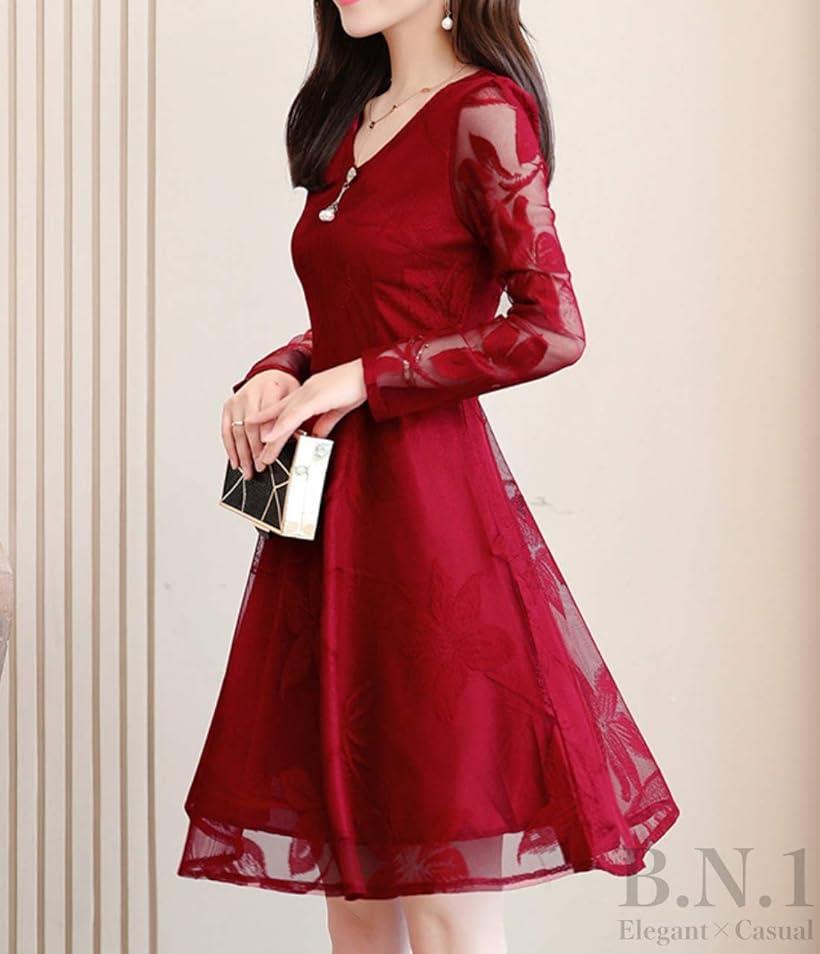 ビーエヌワン セレクト 長袖 パーティー ドレス ワンピース vネック シースルー 花柄 ミニ 膝上 レディース(レッド, L)