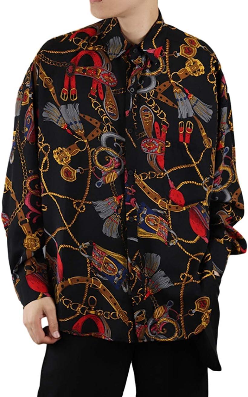 エレクトリックサーカス シャツ メンズ 長袖 カジュアル プリント 柄 ストリート ファッション オーバー サイズ トップス Mおしゃれ お洒落 人気 かっこいい 可愛い 服 着 男 定番 安い おおきい ジャケット 上(ブラック, M)