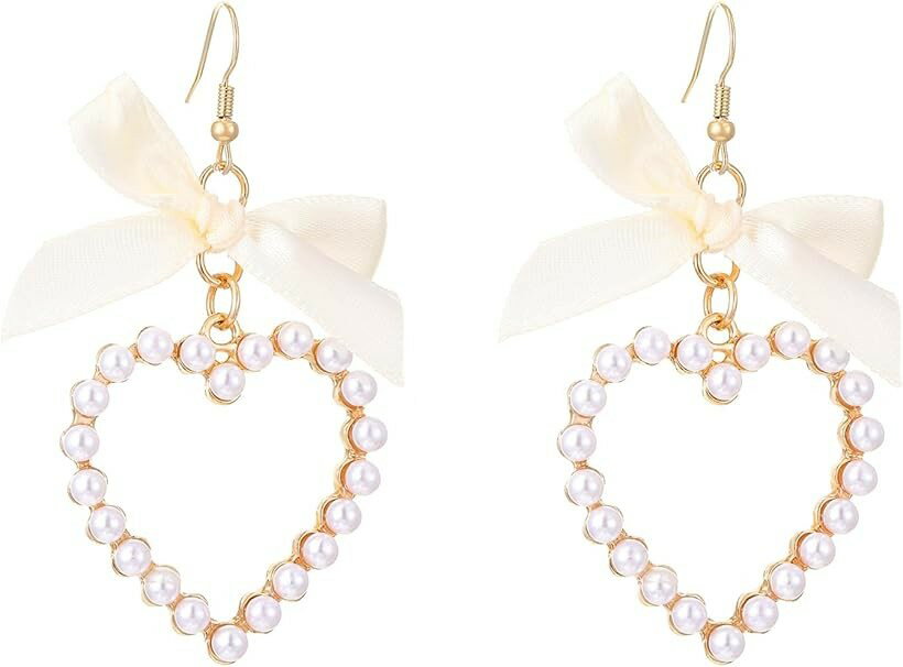 Coral - ピアス ハート ビーズ 大きめ 両耳 ゴールド フック式 かわいい レディース リボン 揺れる アクセサリー (クリーム, 中)