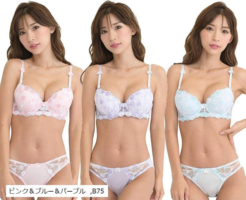 レディース ブラ ブラジャー ショーツ 下着 上 セット 女性 カップ 取り外し (ピンク＆ブルー＆パープ..