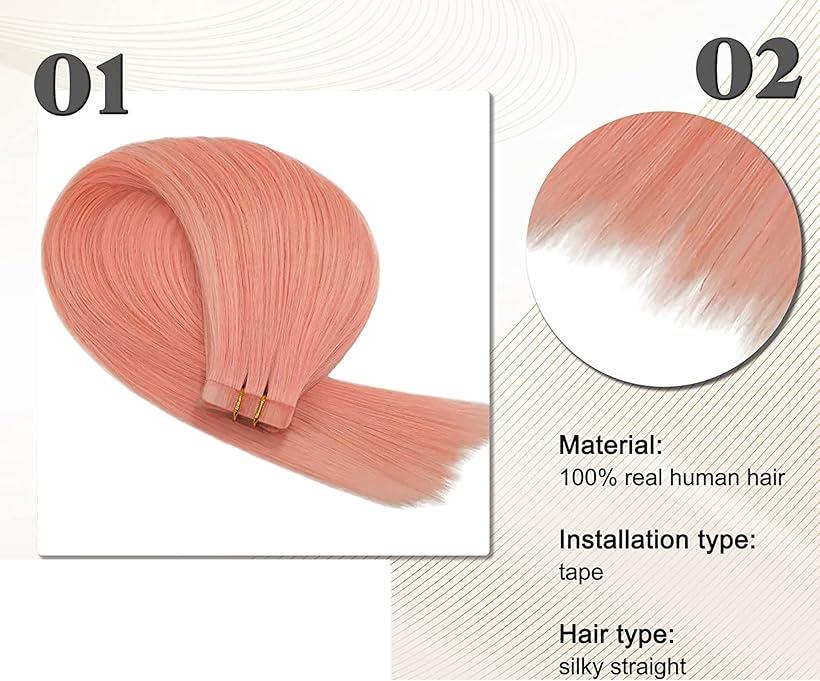 人毛 シールエクステ TAPE hair レミーエクステ カラー ウィッグ エクステンション 10本セット(PINK#, 16inch)