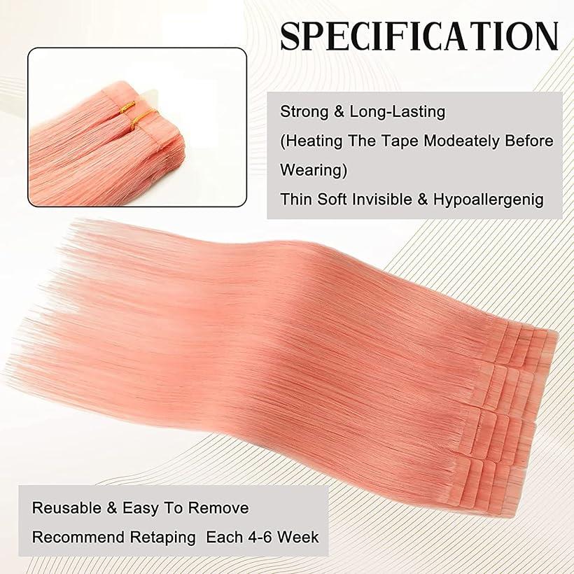 人毛 シールエクステ TAPE hair レミーエクステ カラー ウィッグ エクステンション 10本セット(PINK#, 16inch)