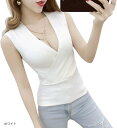 ニット セーター レディース Vネック トップス 胸元 セクシー ノースリーブ リブ カシュクール カットソー(ホワイト, Free Size)