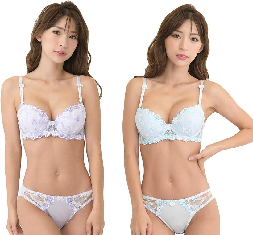 レディース ブラ ブラジャー ショーツ 下着 上 セット 女性 カップ 取り外し(ブルー＆パープル, C75)