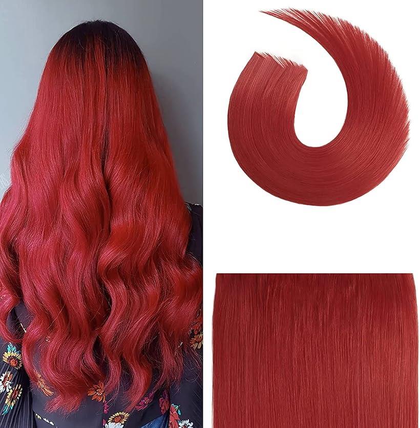 人毛 ring loop hair チップエクステ レミーエクステ カラー ウィッグ エクステンション 50本(RED#, 16inch)