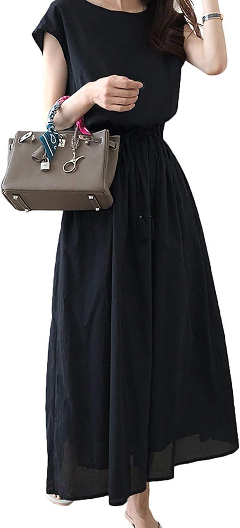 スリーピングシープ かわいい タッセル リボン付き フレンチスリーブ ゆったり ロング丈 シンプル ナチュラル ワンピース 4.XXLサイズ(1.ブラック, 2XL)