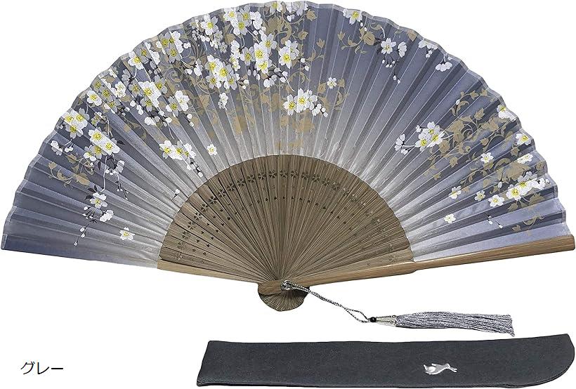 扇子 レディース 季節の花々 桜 桔梗 牡丹 蓮 扇子入れ 箱入り (グレー, フリー)