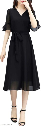 シフォンワンピース 5分袖 ウエストリボン 透け感 シースルー レディース(ミモレ丈 ブラック, M) シフォンワンピース 5分袖 ウエストリボン 透け感 シースルー レディース(ミモレ丈 ブラック, M)