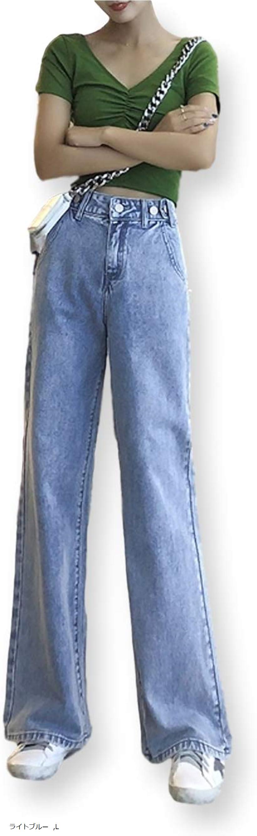 カナエルン ストレート デニム レディース ジーンズ テーパード カーブ Gパン オールシーズン ハイライズ ロングパンツ 着やせ ハイウエスト 腰高 ジーパン ボトムス ズボン ストレッチ ロールアップ ストリート (ライトブルー, L)