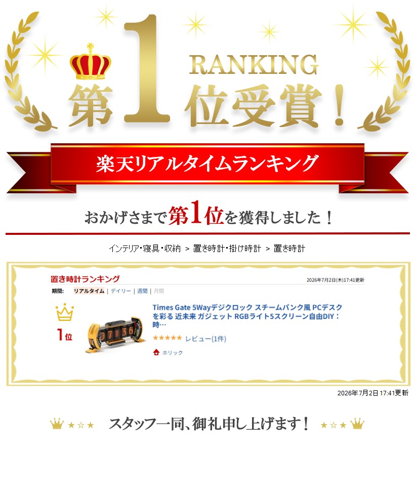 【楽天ランキング1位入賞】Times Gate 5Wayデジクロック スチームパンク風 PCデスクを彩る 近未来 ガジェット RGBライト5スクリーン自由DIY：時計/天気予報/ピクセル作品/写真 (イエロー, 36x21x11.8cm) horiku-10317775 ホリック サンプル画像2