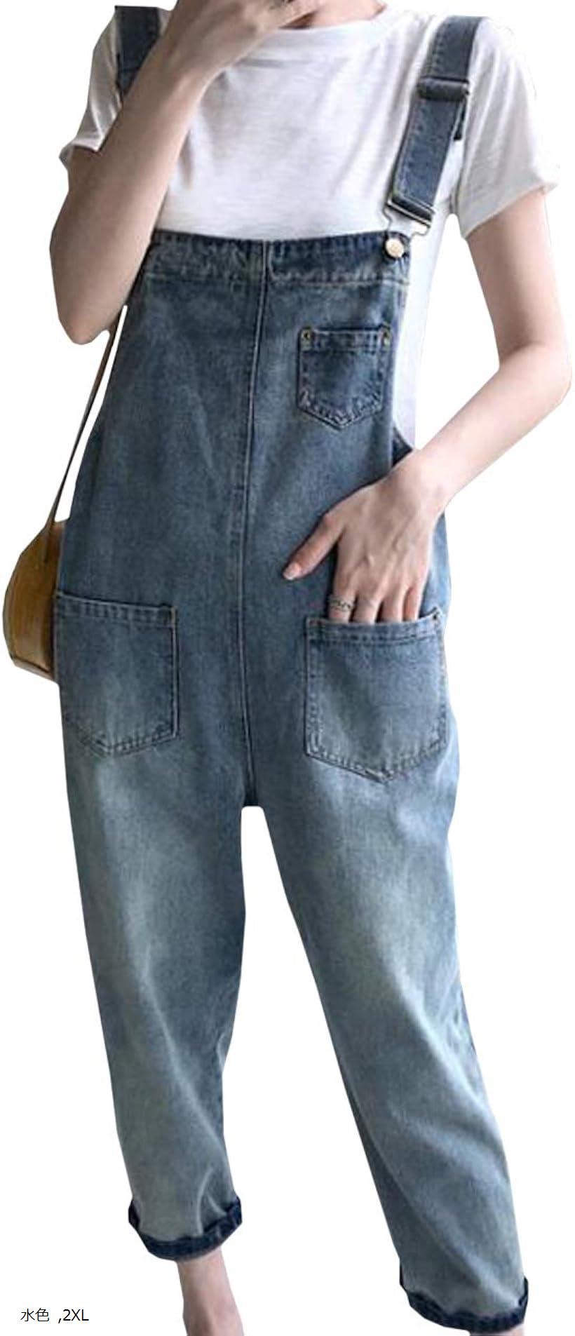サロペット レディース デニム オーバーオール パンツ ダメージ 04-2XL(水色, 2XL)