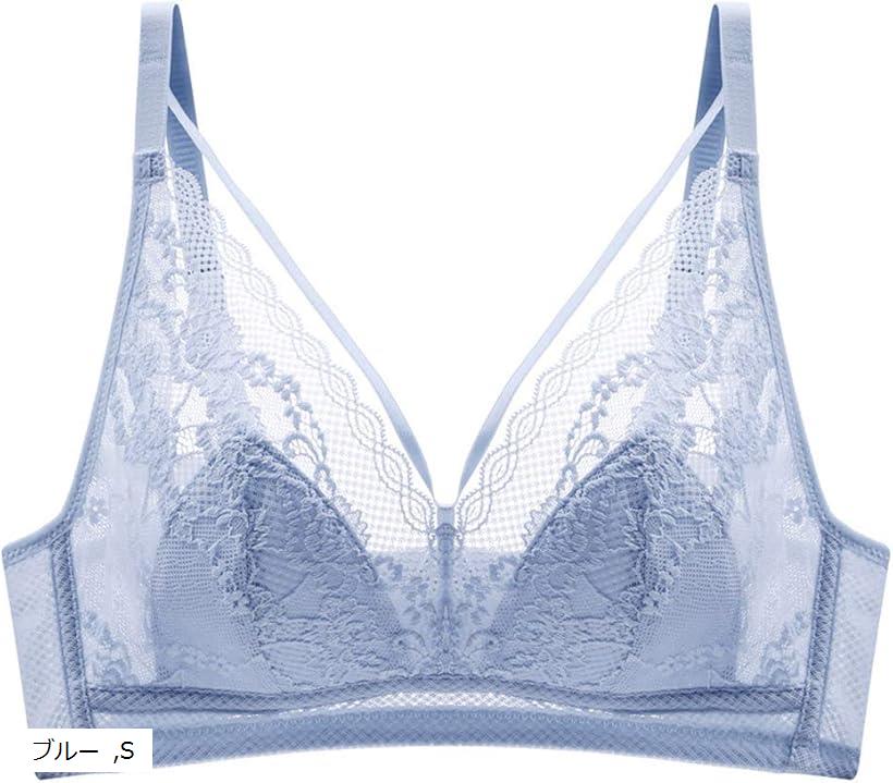 夏用ブラ 胸を小さく見せるブラ ノンワイヤーブラジャー 華やかレース(ブルー, S)