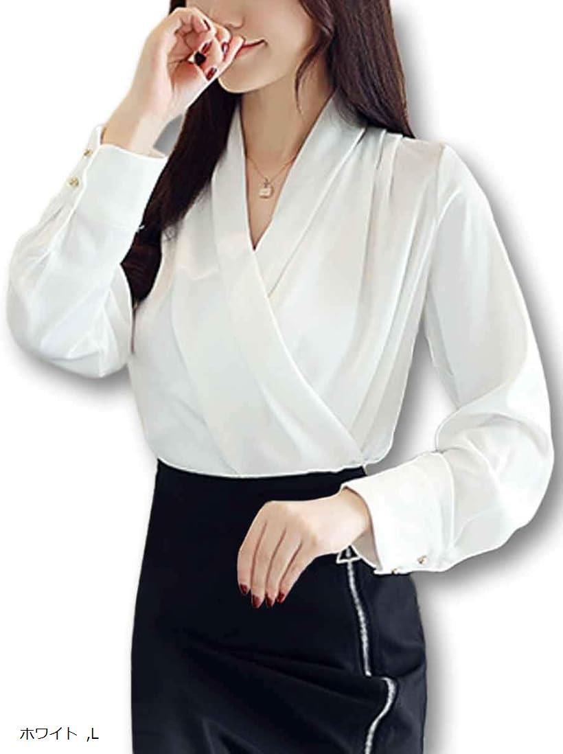ルクシア フィル レディース ドレープ Vネック ブラウス シャツ サテン ゆったり シルエット とろみ 長袖 (ホワイト, L)