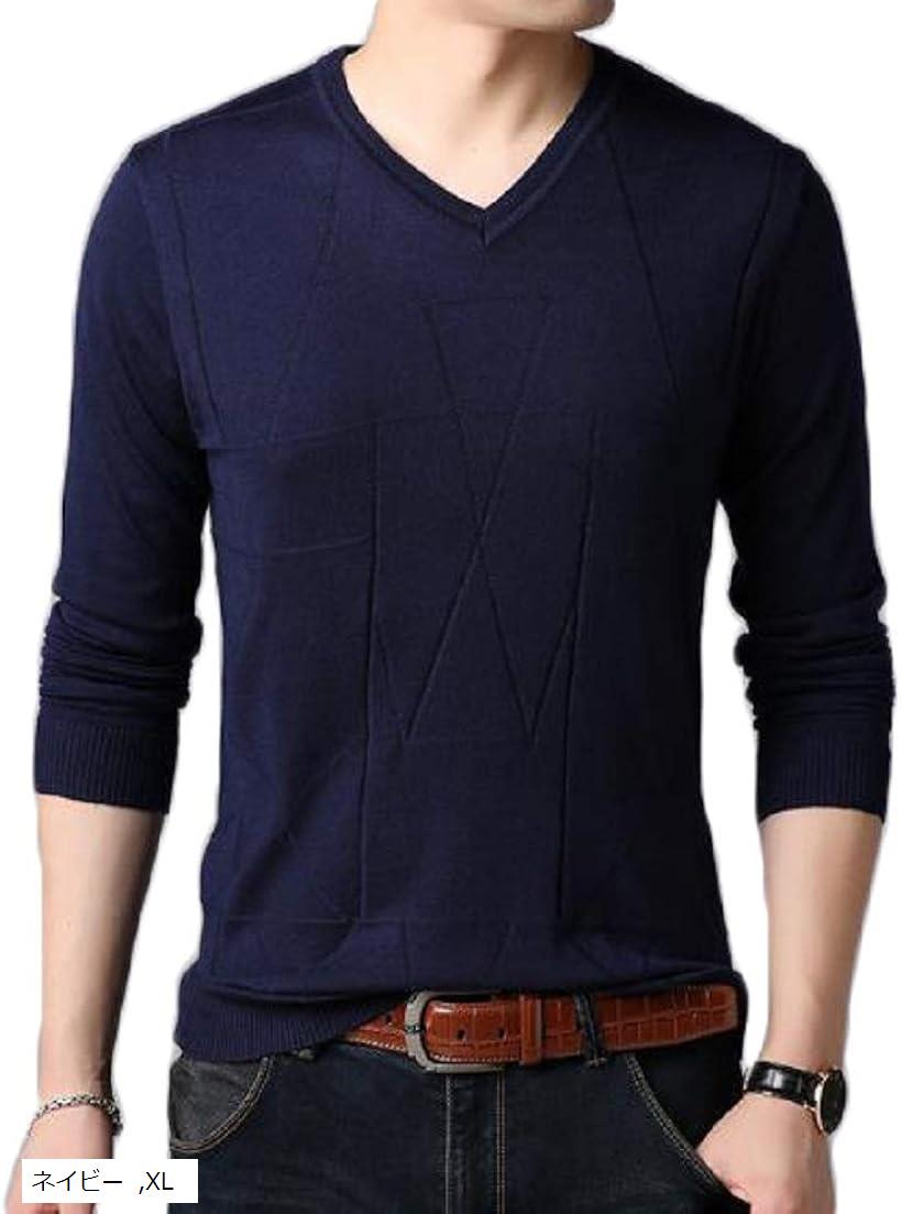 V-Neck - サンクシャ Vネック ニット セーター カットソー 長袖 無地 シンプル カジュアル 秋 冬 メンズ ネイビー XL (ネイビー, XL)