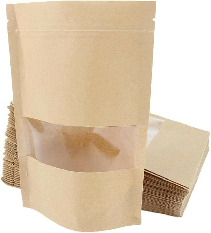 まとめ買い 窓付き ジップ袋 紙袋 150枚セット クラフト紙 自立 チャック ジッパー 包装 (茶色, 18 x 26cm(150枚セット))