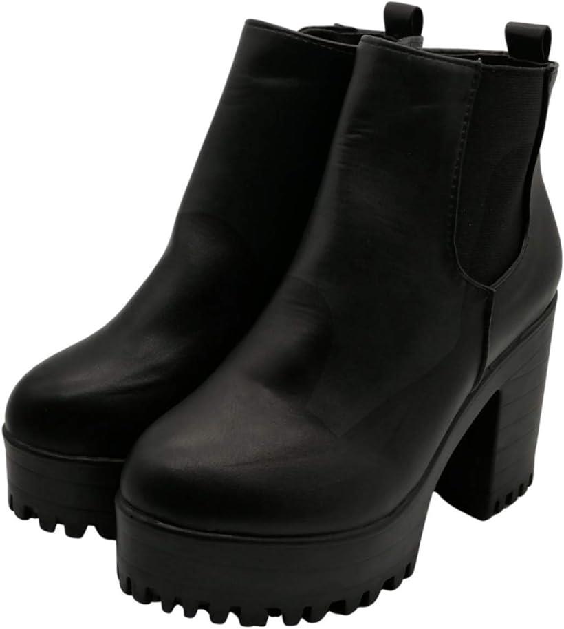 レディース 厚底ショートブーツ サイドゴアブーツ 黒 軽量 太ヒール 10cm ファスナー付 2L measurement..