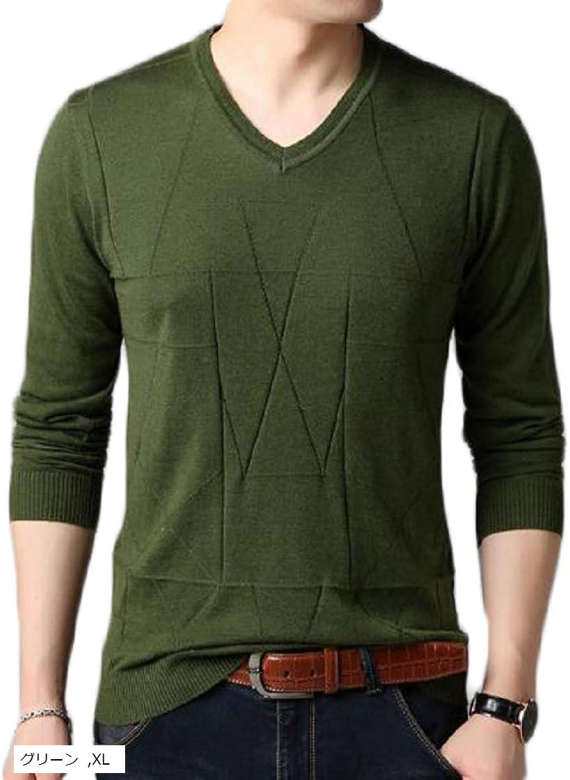 V-Neck - サンクシャ Vネック ニット セーター カットソー 長袖 無地 シンプル カジュアル 秋 冬 メンズ(グリーン, XL)