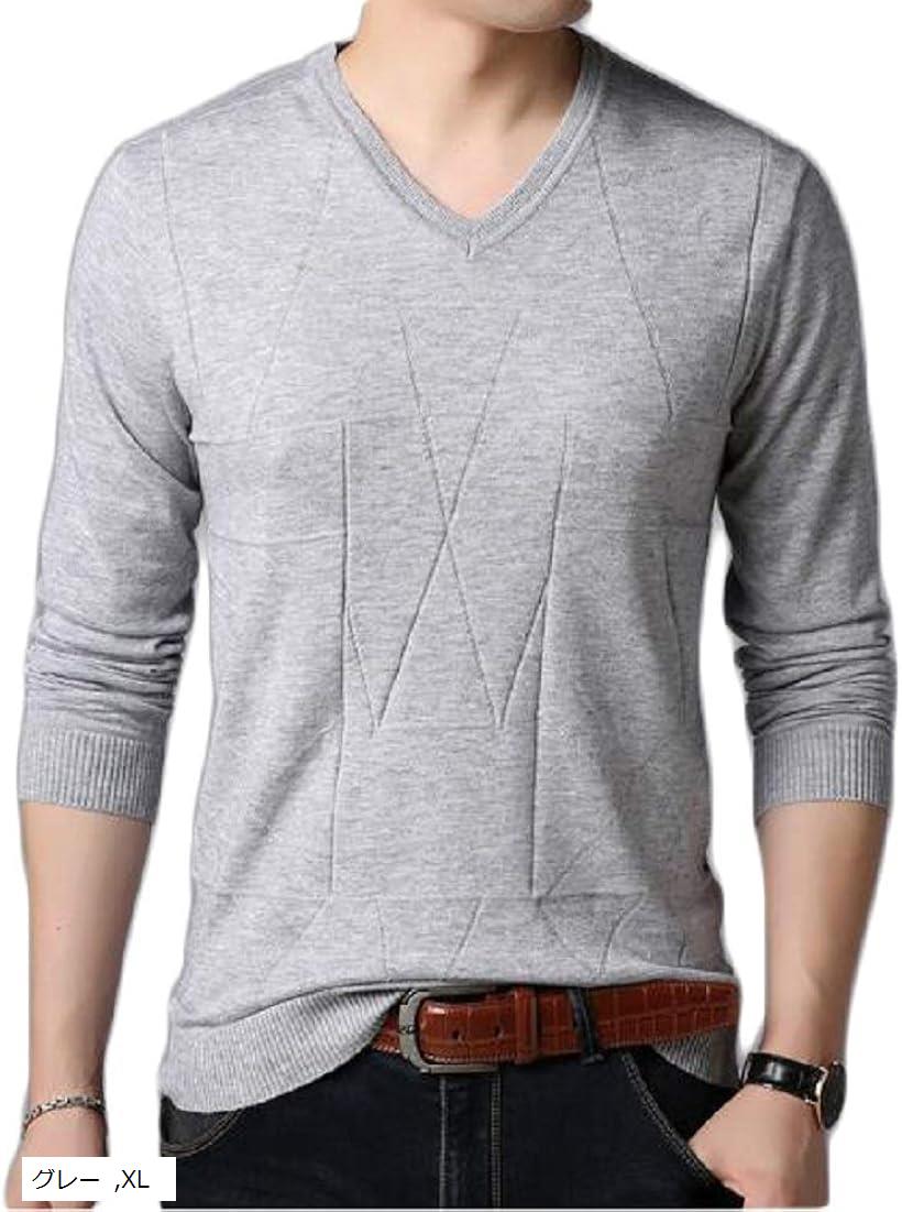 V-Neck - サンクシャ Vネック ニット セーター カットソー 長袖 無地 シンプル カジュアル 秋 冬 メンズ(グレー, XL)