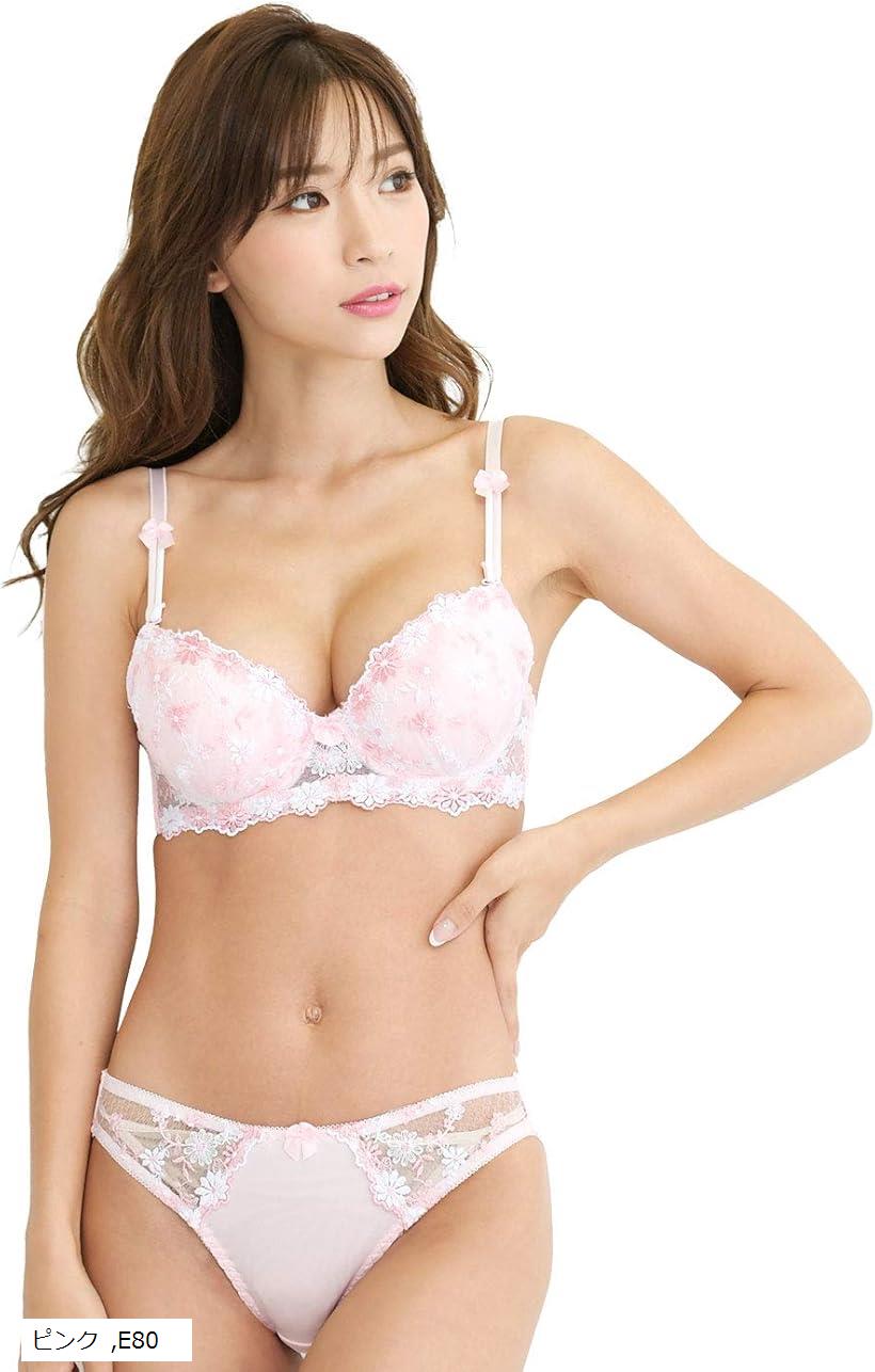 レディース ブラジャー ショーツ 上下 セット 花柄 勝負 下着 女性 かわいい (ピンク, E80)