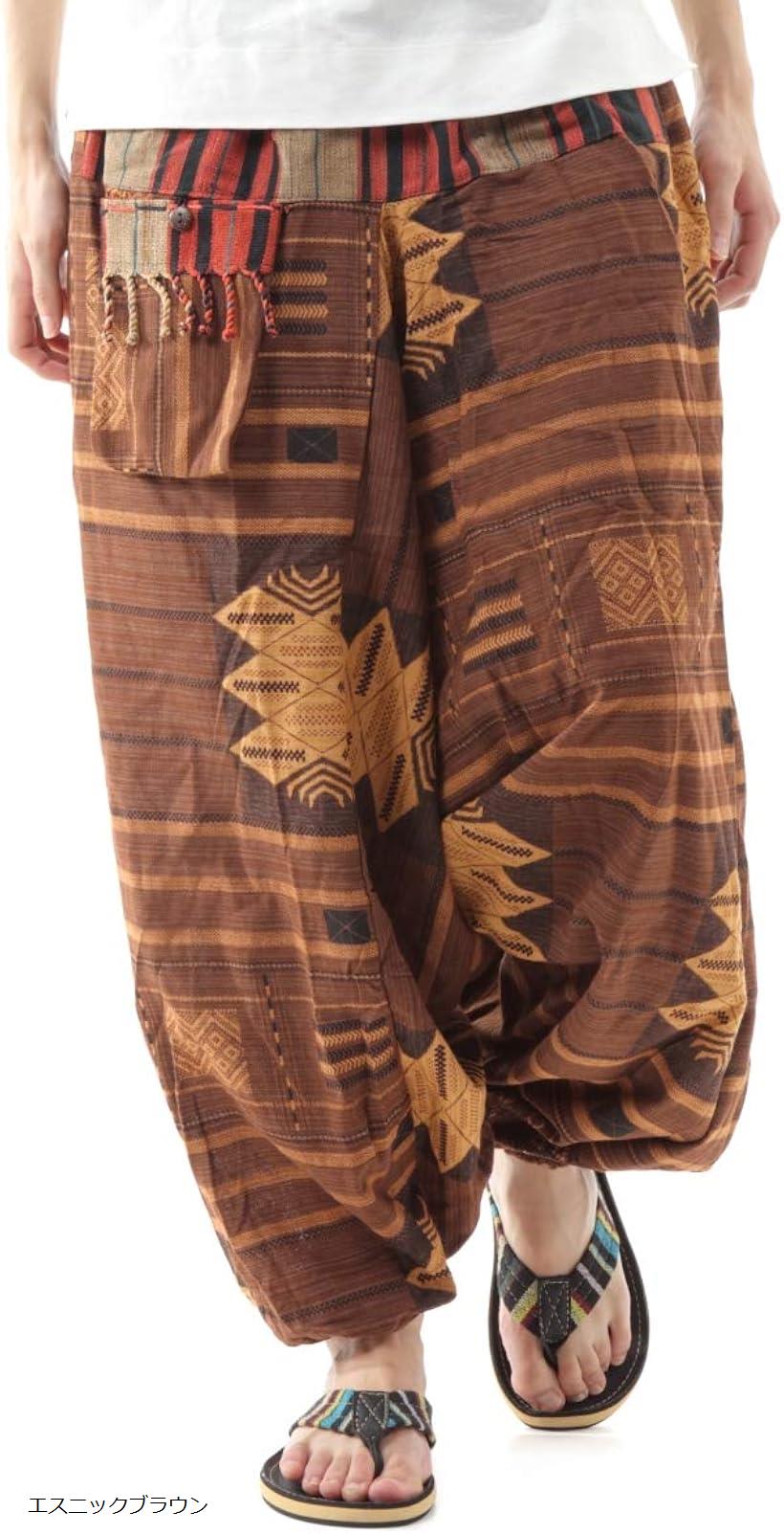 OKI オキ サルエルパンツ アラジンパンツ タイパンツ 民族柄 メンズ ユニセックス デザインポケット(エスニックブラウン, Free Size)