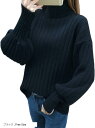 ニット バルーン スリーブ 長袖 ハイネック 小顔 効果 レディース 秋 冬 セーター トップス Free Size(ブラック, Free Size)