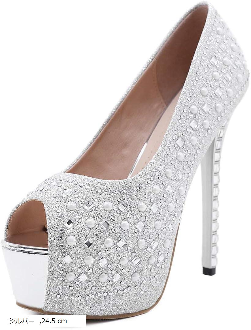ラメハイヒール レディース 美脚 お洒落 ピンヒール エレガント オープントゥ パンプス 14cm シルバー、24.5cm (シルバー, 24.5 cm)