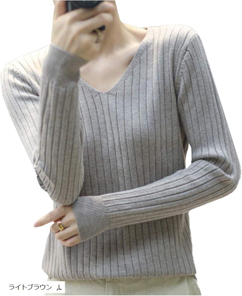 ワンアンブ Vネック ニット セーター トップス カットソー ニットソー tシャツ プルオーバー リブ 197(ライトブラウン, L)