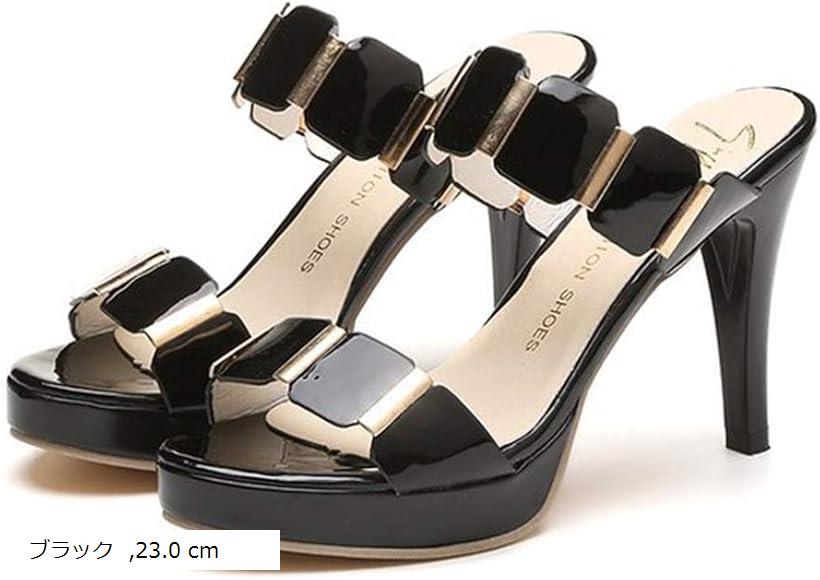 ジーティアモ ミュール サンダル レディース 美脚 オープントゥ ヒール 9 cm ラバー ソール パンプス ブラック 23cm (ブラック, 23.0 cm)