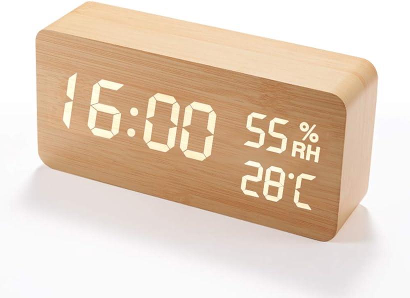 目覚まし時計 木製 大音量 デジタル 置き時計 温度湿度計( 木目調)